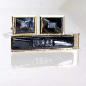 Hematite Stone In Laid on Gold Plated Cuff Links and Tie Clip Wedding Set weddin